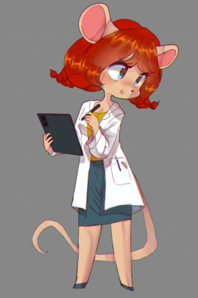 Fan art from Lucian of the mouse version of Tina. Tina in a lab coat holding a tablet.